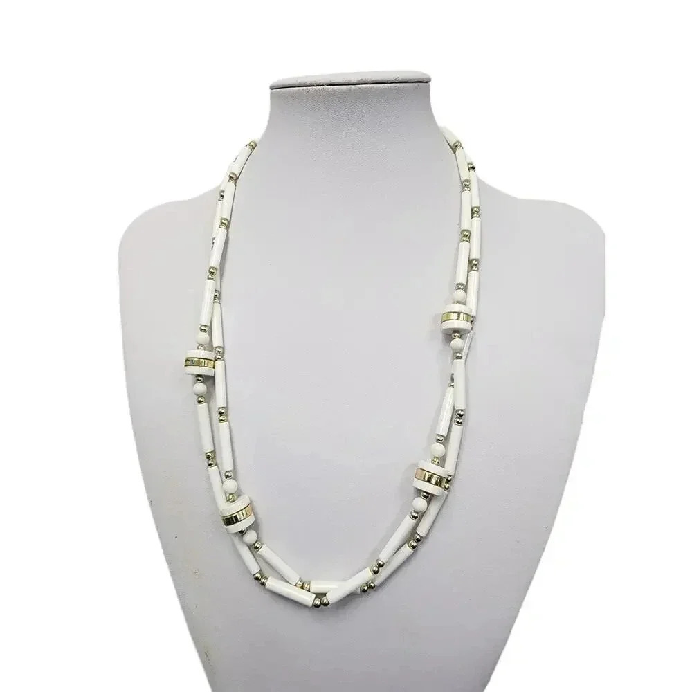 Vintage Small Rectangle Circular Plastic Beads White Necklace 47 Inches